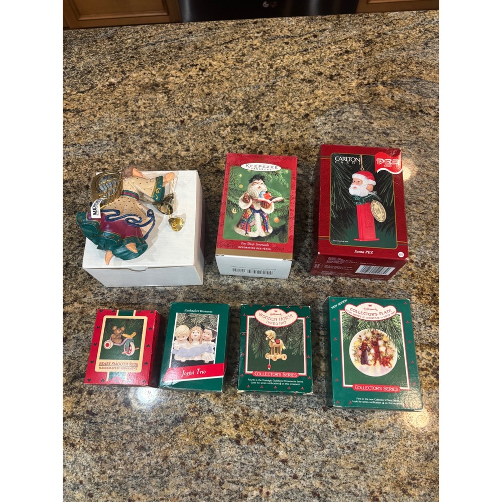 7 Vintage Hallmark Keepsake Carlton Cards Christmas Ornament Lot Santa PEZ Angel